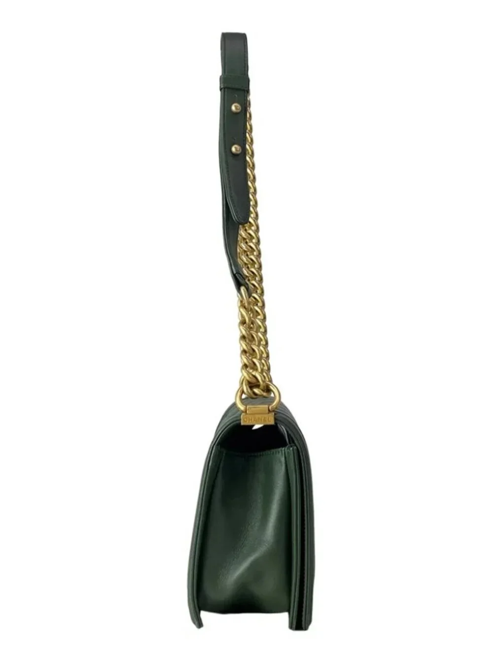 CHANEL Boy Chanel /Matelasse Dark Green Leather Shoulder Bag gold hardware
